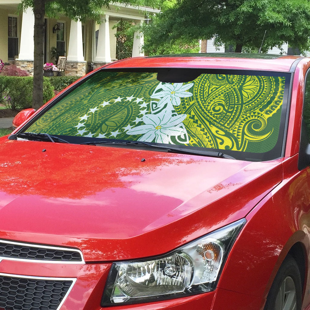 Cook Islands Maori Language Week Auto Sun Shade Tiare Maori Kuki Airani Green Pattern LT22 - Polynesian Pride