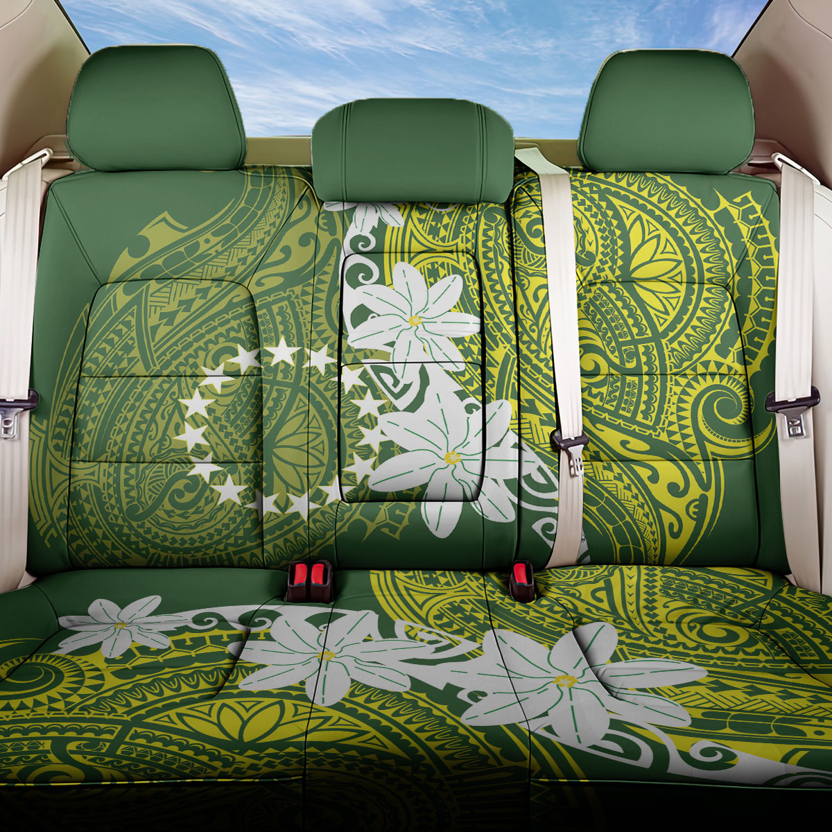Cook Islands Maori Language Week Back Car Seat Cover Tiare Maori Kuki Airani Green Pattern LT22 One Size Green - Polynesian Pride