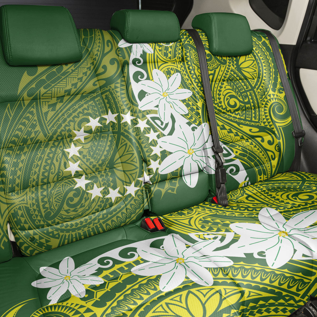 Cook Islands Maori Language Week Back Car Seat Cover Tiare Maori Kuki Airani Green Pattern LT22 - Polynesian Pride