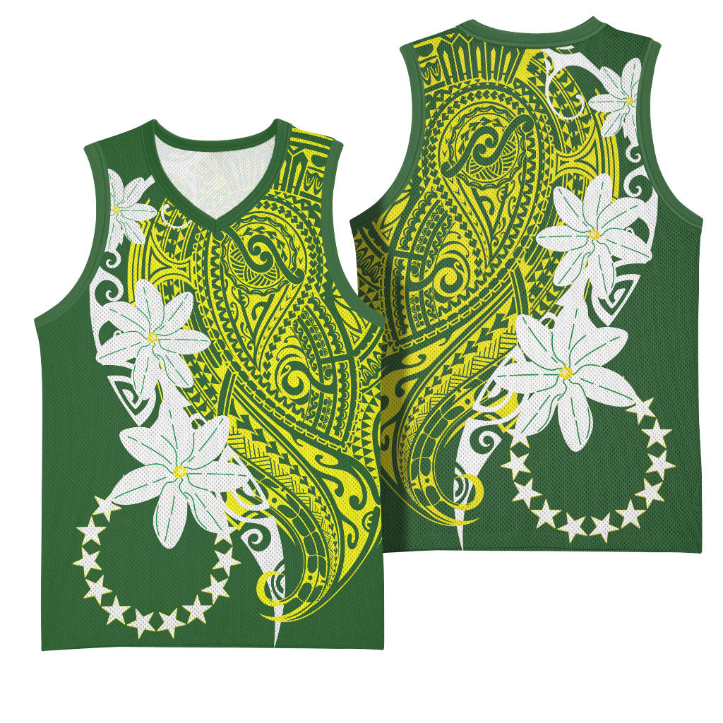 Cook Islands Maori Language Week Basketball Jersey Tiare Maori Kuki Airani Green Pattern LT22 - Polynesian Pride