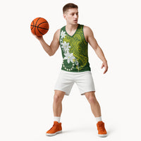 Cook Islands Maori Language Week Basketball Jersey Tiare Maori Kuki Airani Green Pattern LT22 - Polynesian Pride
