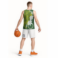 Cook Islands Maori Language Week Basketball Jersey Tiare Maori Kuki Airani Green Pattern LT22 - Polynesian Pride