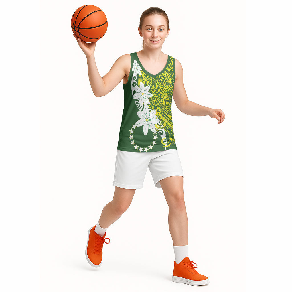Cook Islands Maori Language Week Basketball Jersey Tiare Maori Kuki Airani Green Pattern LT22 - Polynesian Pride