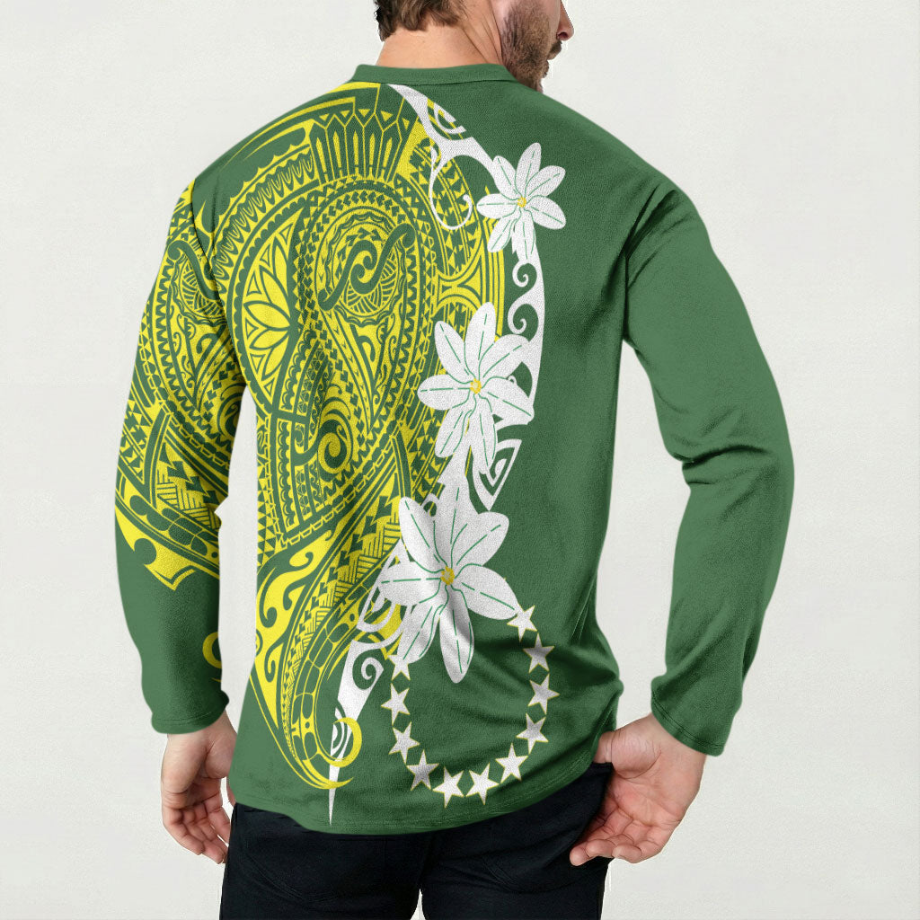 Cook Islands Maori Language Week Button Sweatshirt Tiare Maori Kuki Airani Green Pattern LT22 - Polynesian Pride