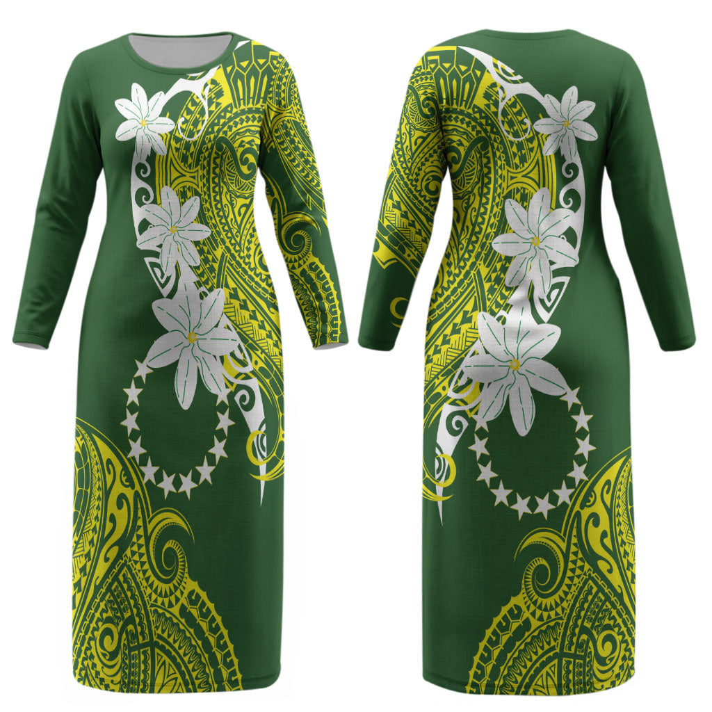 Cook Islands Maori Language Week Couples Matching Long Sleeve Bodycon Dress and Hawaiian Shirt Tiare Maori Kuki Airani Green Pattern LT22 - Polynesian Pride