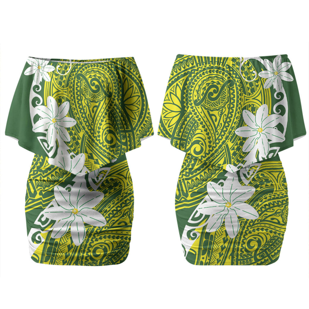 Cook Islands Maori Language Week Couples Matching Off Shoulder Short Dress and Hawaiian Shirt Tiare Maori Kuki Airani Green Pattern LT22 - Polynesian Pride