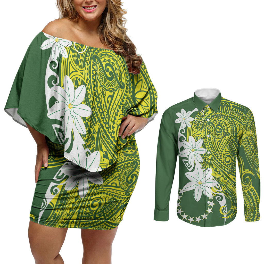 Cook Islands Maori Language Week Couples Matching Off Shoulder Short Dress and Long Sleeve Button Shirt Tiare Maori Kuki Airani Green Pattern LT22 Green - Polynesian Pride