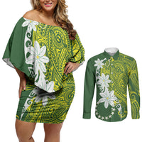 Cook Islands Maori Language Week Couples Matching Off Shoulder Short Dress and Long Sleeve Button Shirt Tiare Maori Kuki Airani Green Pattern LT22 Green - Polynesian Pride
