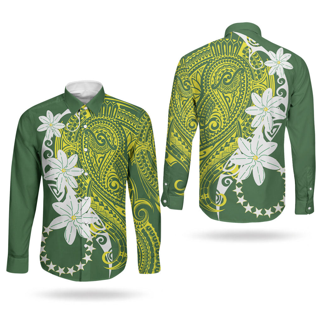 Cook Islands Maori Language Week Couples Matching Off Shoulder Short Dress and Long Sleeve Button Shirt Tiare Maori Kuki Airani Green Pattern LT22 - Polynesian Pride