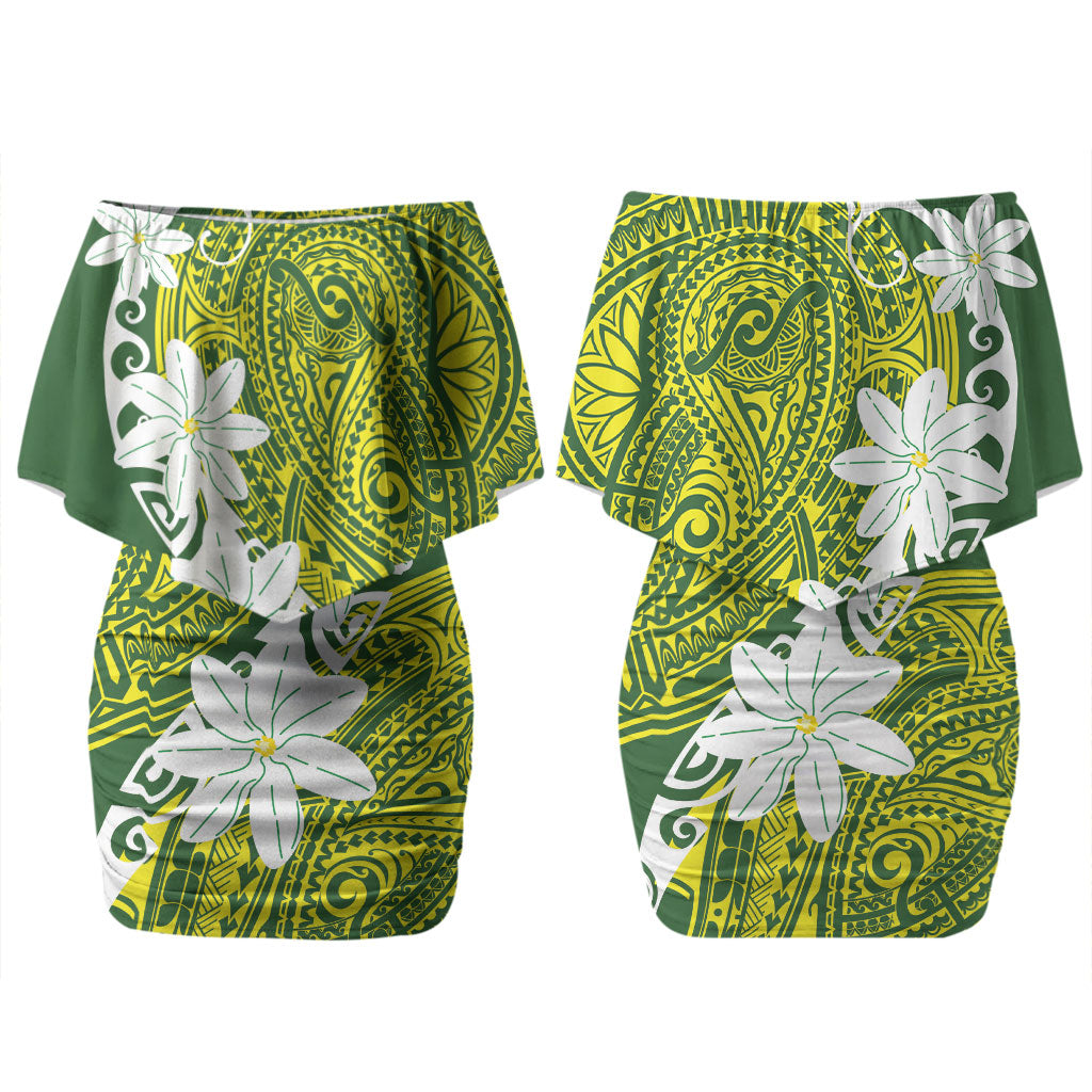 Cook Islands Maori Language Week Couples Matching Off Shoulder Short Dress and Long Sleeve Button Shirt Tiare Maori Kuki Airani Green Pattern LT22 - Polynesian Pride