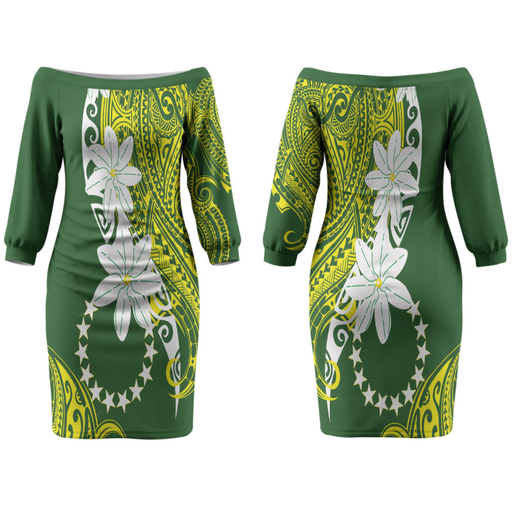 Cook Islands Maori Language Week Couples Matching Off The Shoulder Long Sleeve Dress and Hawaiian Shirt Tiare Maori Kuki Airani Green Pattern LT22 - Polynesian Pride