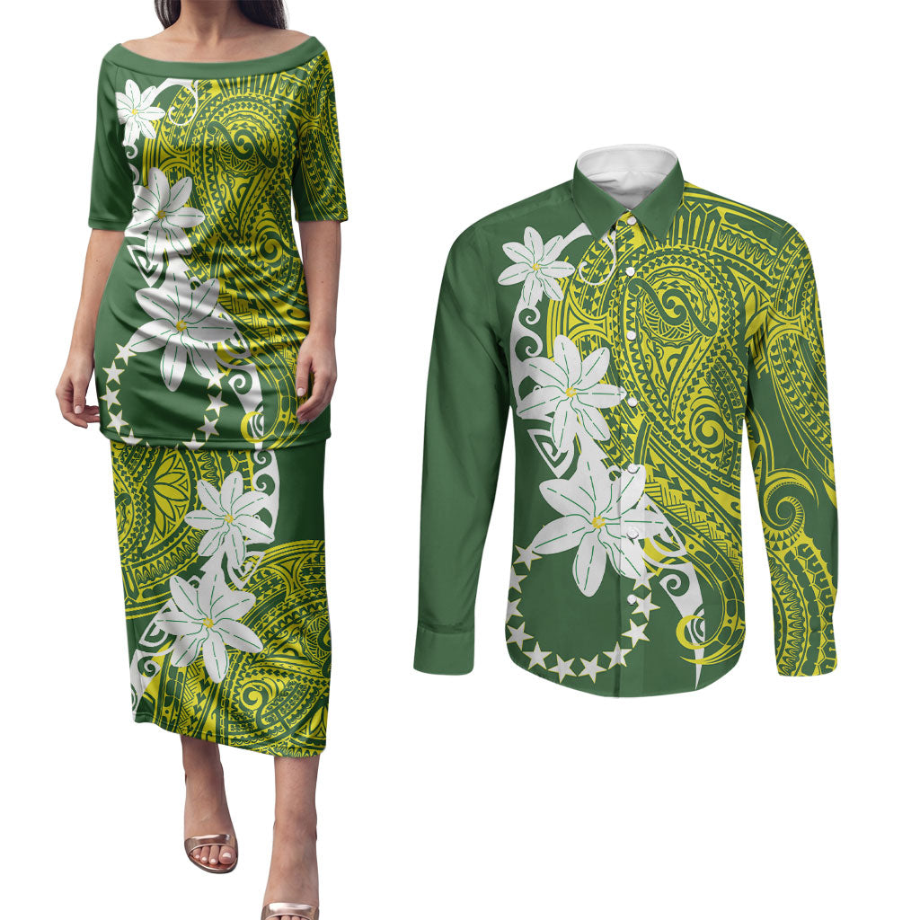 Cook Islands Maori Language Week Couples Matching Puletasi and Long Sleeve Button Shirt Tiare Maori Kuki Airani Green Pattern LT22 Green - Polynesian Pride