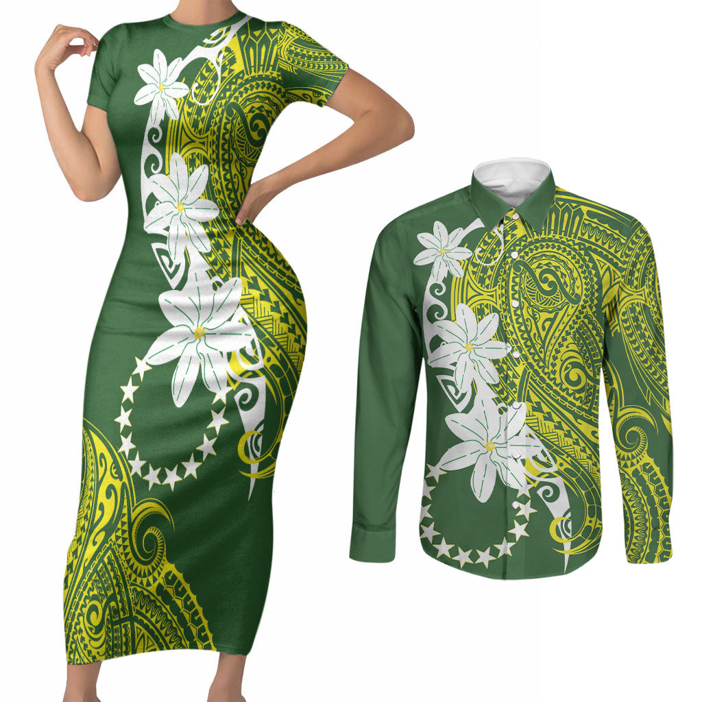 Cook Islands Maori Language Week Couples Matching Short Sleeve Bodycon Dress and Long Sleeve Button Shirt Tiare Maori Kuki Airani Green Pattern LT22 Green - Polynesian Pride