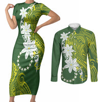 Cook Islands Maori Language Week Couples Matching Short Sleeve Bodycon Dress and Long Sleeve Button Shirt Tiare Maori Kuki Airani Green Pattern LT22 Green - Polynesian Pride