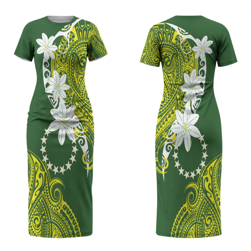 Cook Islands Maori Language Week Couples Matching Short Sleeve Bodycon Dress and Long Sleeve Button Shirt Tiare Maori Kuki Airani Green Pattern LT22 - Polynesian Pride