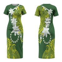 Cook Islands Maori Language Week Couples Matching Short Sleeve Bodycon Dress and Long Sleeve Button Shirt Tiare Maori Kuki Airani Green Pattern LT22 - Polynesian Pride