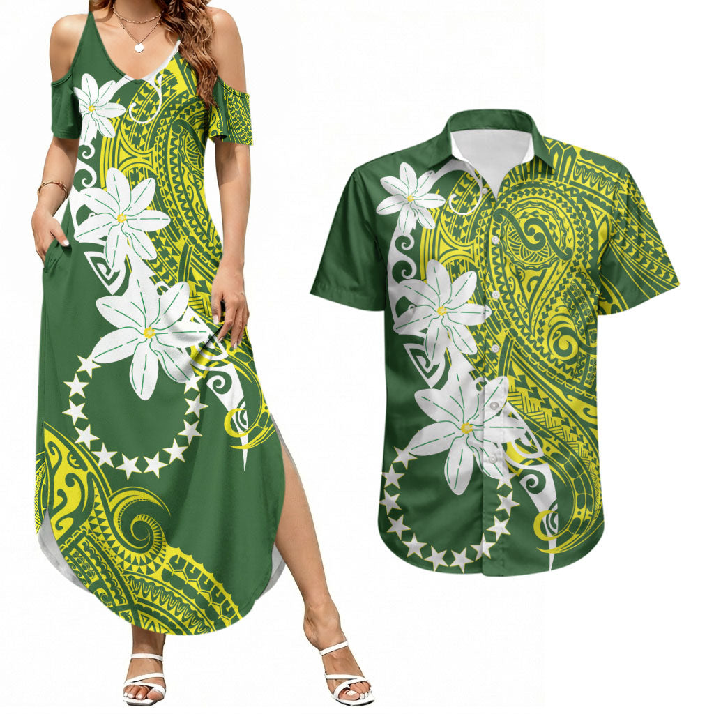 Cook Islands Maori Language Week Couples Matching Summer Maxi Dress and Hawaiian Shirt Tiare Maori Kuki Airani Green Pattern LT22 Green - Polynesian Pride