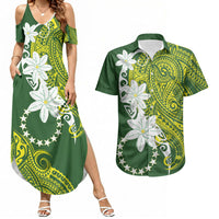 Cook Islands Maori Language Week Couples Matching Summer Maxi Dress and Hawaiian Shirt Tiare Maori Kuki Airani Green Pattern LT22 Green - Polynesian Pride