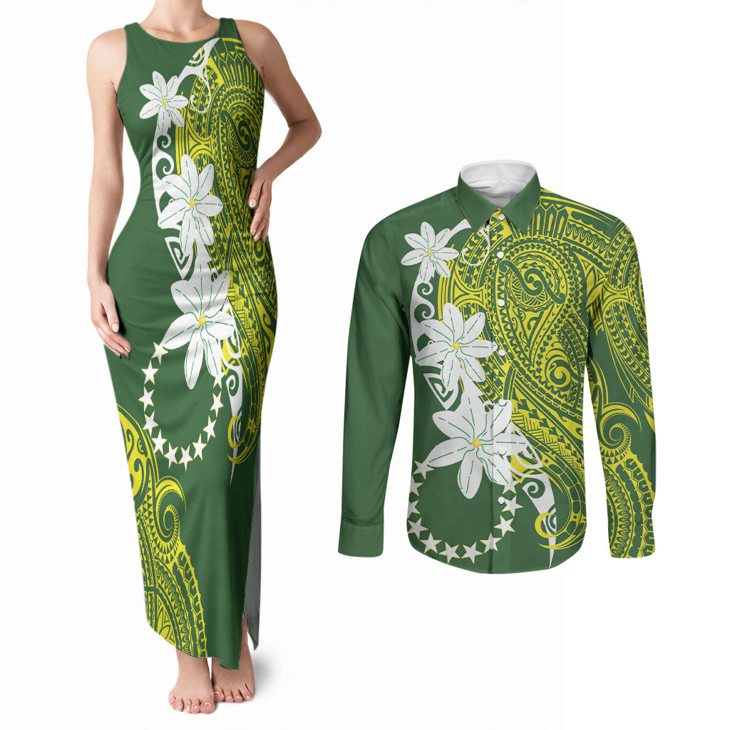 Cook Islands Maori Language Week Couples Matching Tank Maxi Dress and Long Sleeve Button Shirt Tiare Maori Kuki Airani Green Pattern LT22 Green - Polynesian Pride