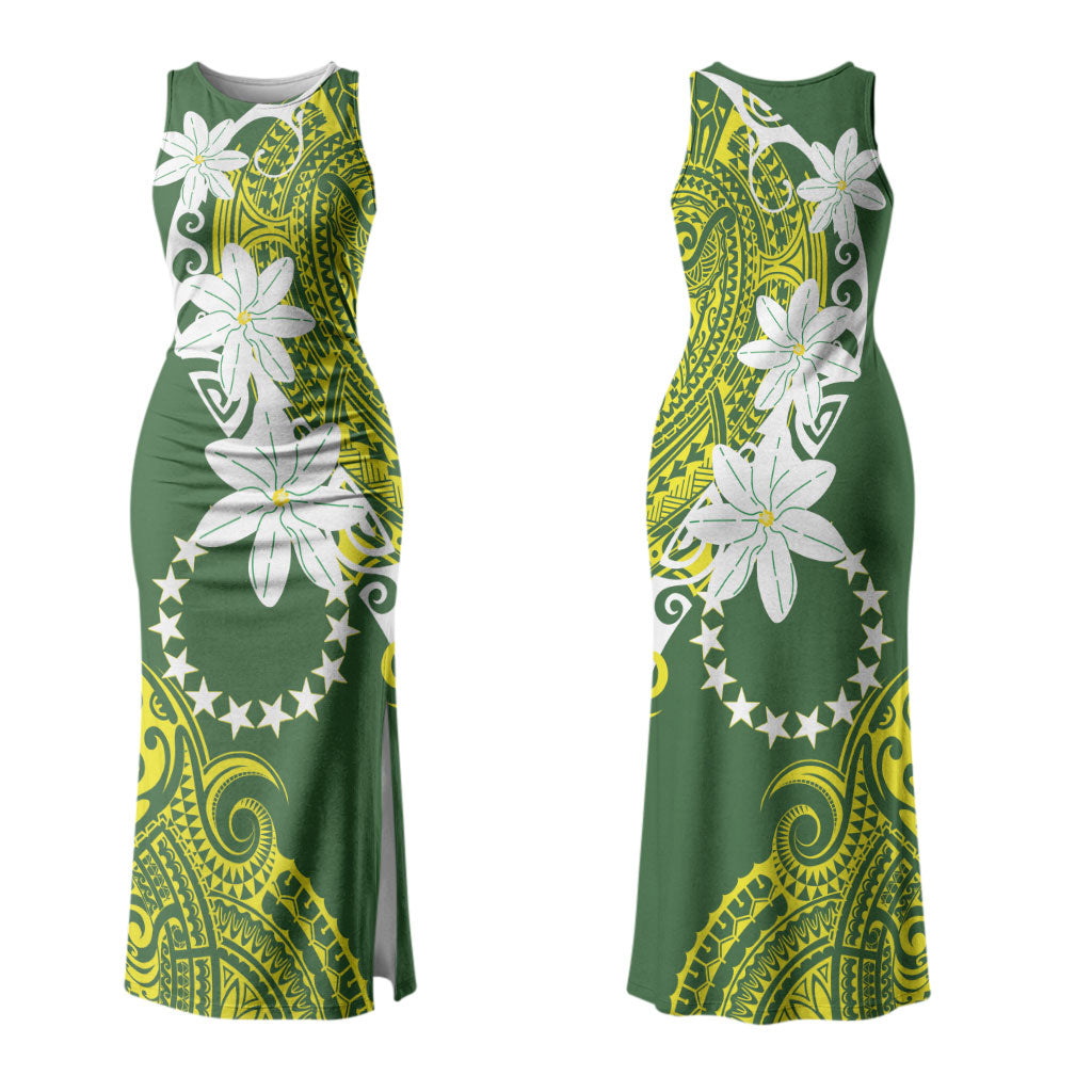 Cook Islands Maori Language Week Couples Matching Tank Maxi Dress and Long Sleeve Button Shirt Tiare Maori Kuki Airani Green Pattern LT22 - Polynesian Pride