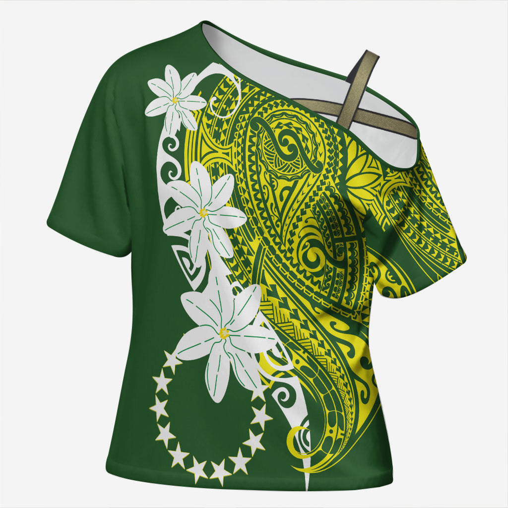 Cook Islands Maori Language Week Cross Shoulder Shirt Tiare Maori Kuki Airani Green Pattern LT22 Female Green - Polynesian Pride