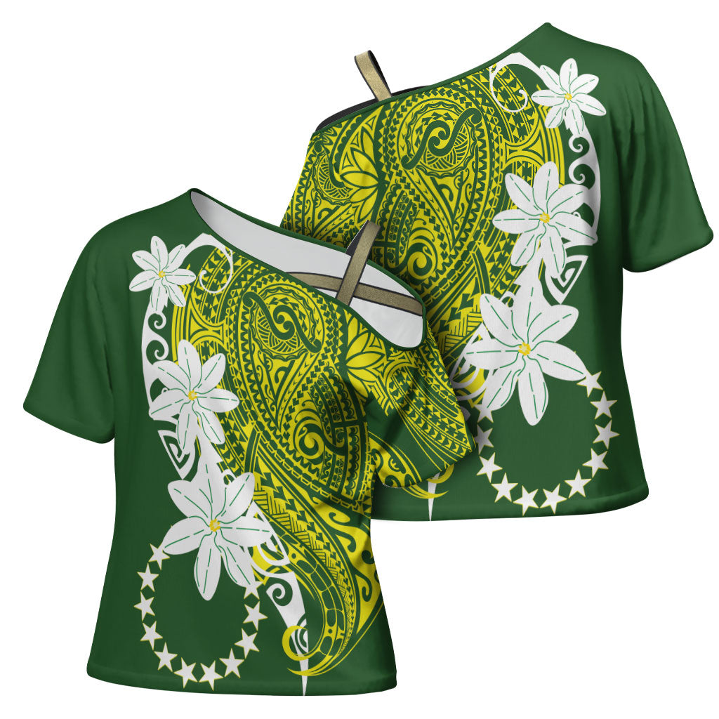 Cook Islands Maori Language Week Cross Shoulder Shirt Tiare Maori Kuki Airani Green Pattern LT22 - Polynesian Pride