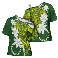 Cook Islands Maori Language Week Cross Shoulder Shirt Tiare Maori Kuki Airani Green Pattern LT22 - Polynesian Pride