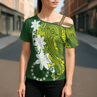 Cook Islands Maori Language Week Cross Shoulder Shirt Tiare Maori Kuki Airani Green Pattern LT22 - Polynesian Pride
