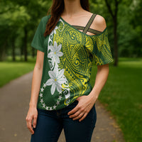 Cook Islands Maori Language Week Cross Shoulder Shirt Tiare Maori Kuki Airani Green Pattern LT22 - Polynesian Pride