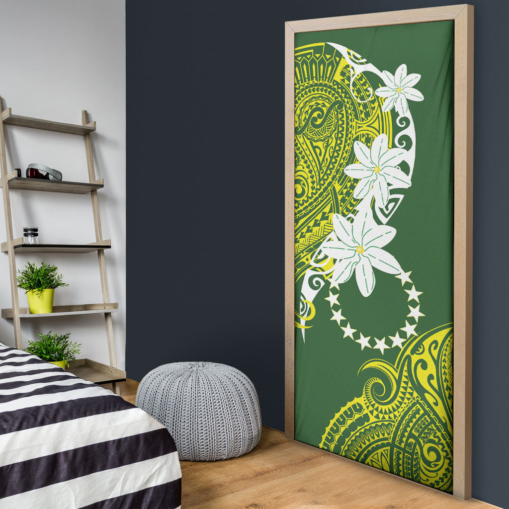 Cook Islands Maori Language Week Door Cover Tiare Maori Kuki Airani Green Pattern LT22 - Polynesian Pride