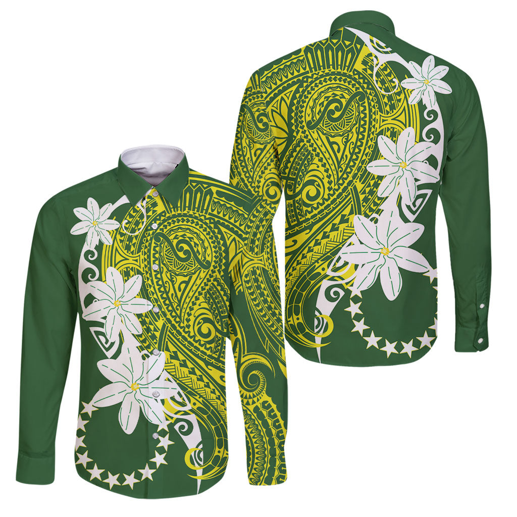 Cook Islands Maori Language Week Family Matching Off Shoulder Maxi Dress and Hawaiian Shirt Tiare Maori Kuki Airani Green Pattern LT22 Dad's Shirt - Long Sleeve Green - Polynesian Pride
