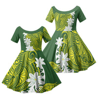 Cook Islands Maori Language Week Family Matching Summer Maxi Dress and Hawaiian Shirt Tiare Maori Kuki Airani Green Pattern LT22 Daughter's Dress Green - Polynesian Pride