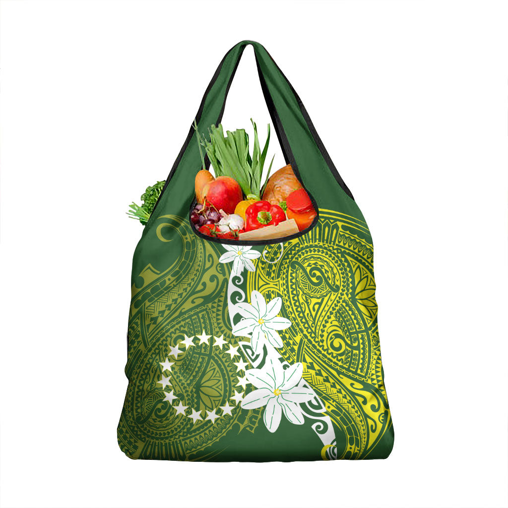 Cook Islands Maori Language Week Grocery Bag Tiare Maori Kuki Airani Green Pattern LT22 1-pack One Size Green - Polynesian Pride