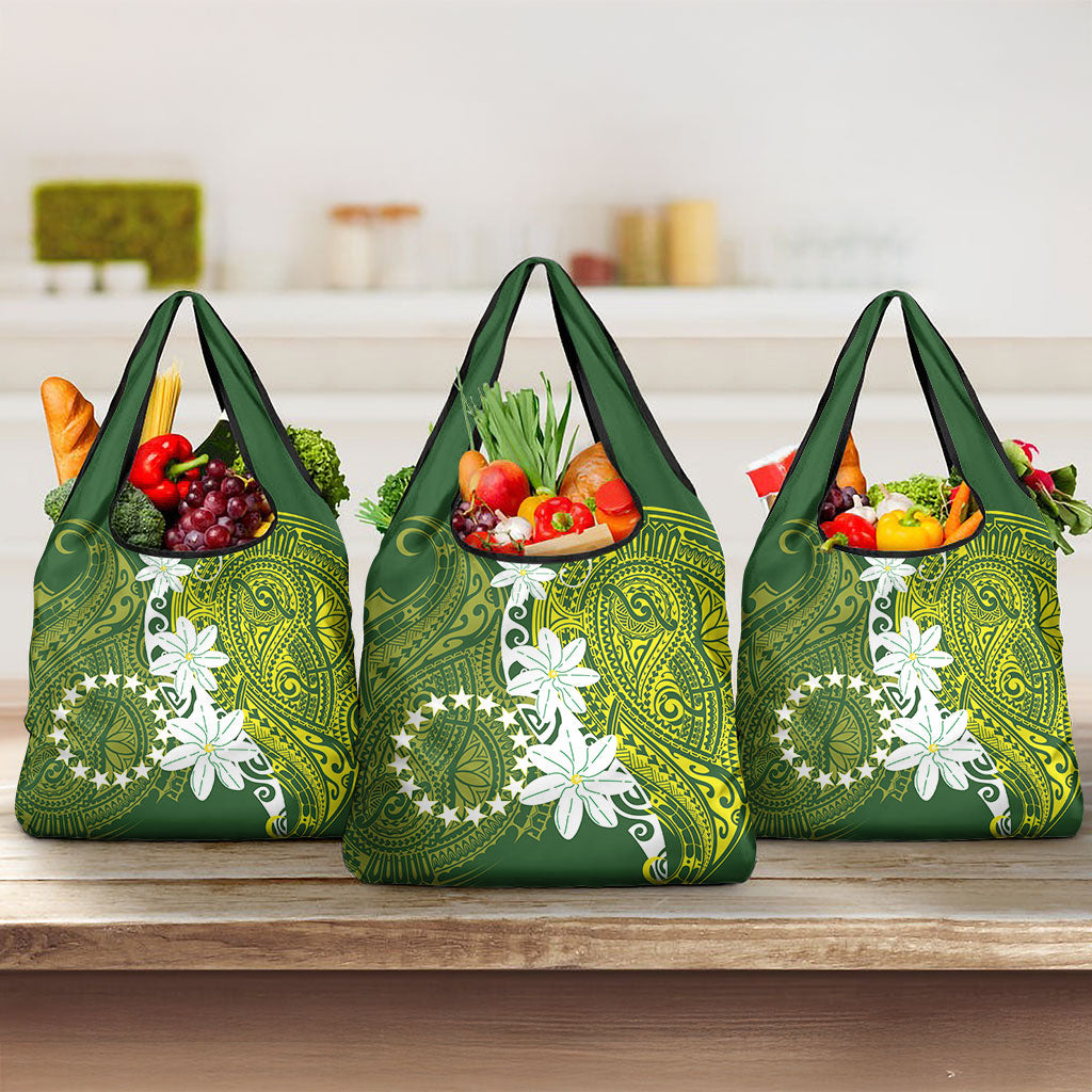 Cook Islands Maori Language Week Grocery Bag Tiare Maori Kuki Airani Green Pattern LT22 3-pack One Size Green - Polynesian Pride