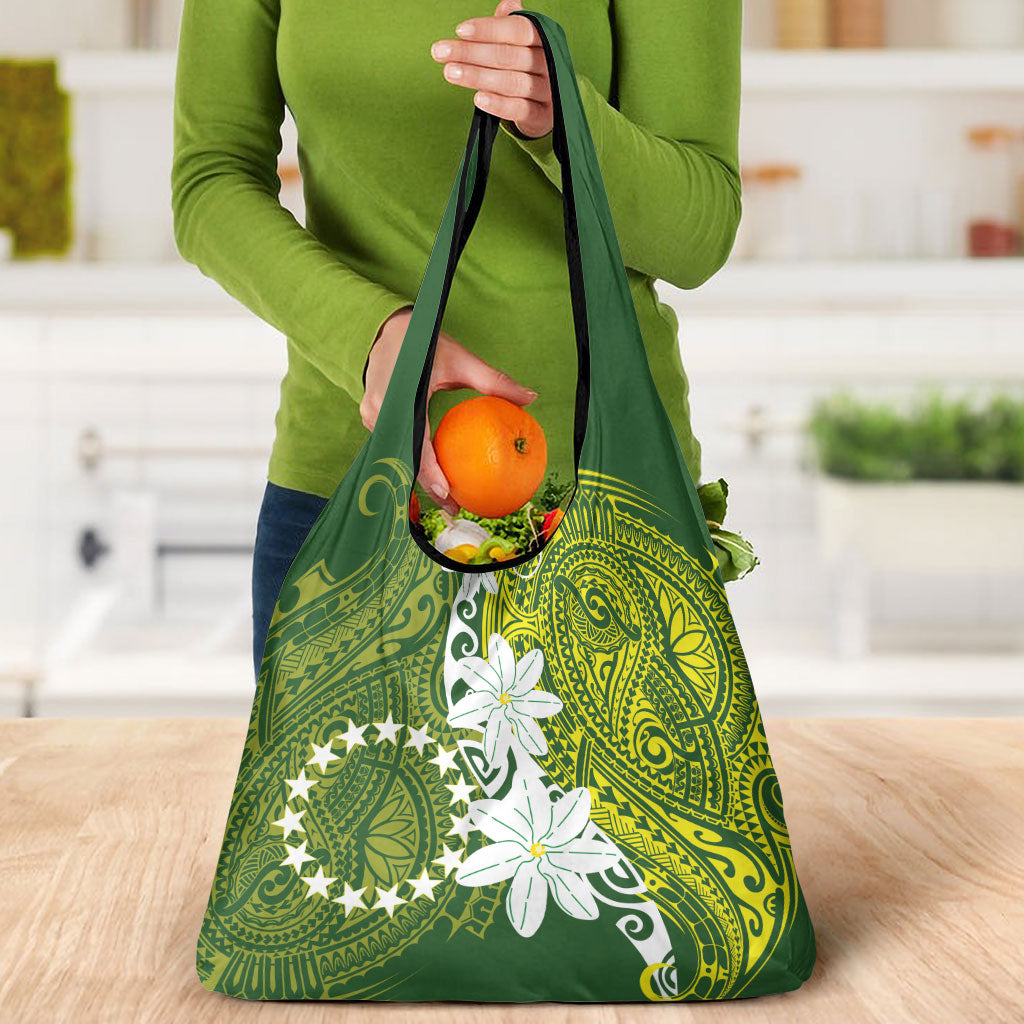Cook Islands Maori Language Week Grocery Bag Tiare Maori Kuki Airani Green Pattern LT22 - Polynesian Pride