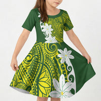 Cook Islands Maori Language Week Kid Short Sleeve Dress Tiare Maori Kuki Airani Green Pattern LT22 KID Green - Polynesian Pride