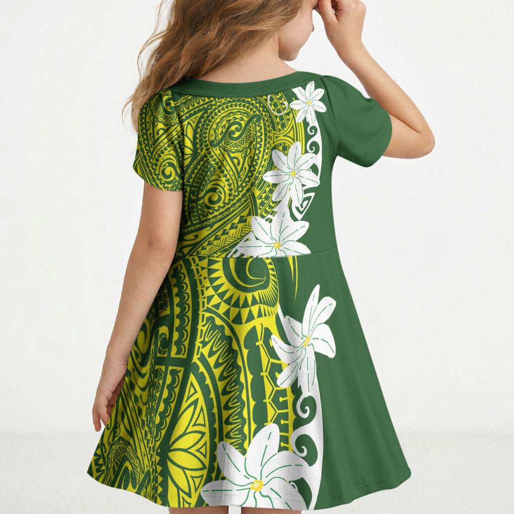 Cook Islands Maori Language Week Kid Short Sleeve Dress Tiare Maori Kuki Airani Green Pattern LT22 - Polynesian Pride