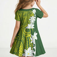 Cook Islands Maori Language Week Kid Short Sleeve Dress Tiare Maori Kuki Airani Green Pattern LT22 - Polynesian Pride
