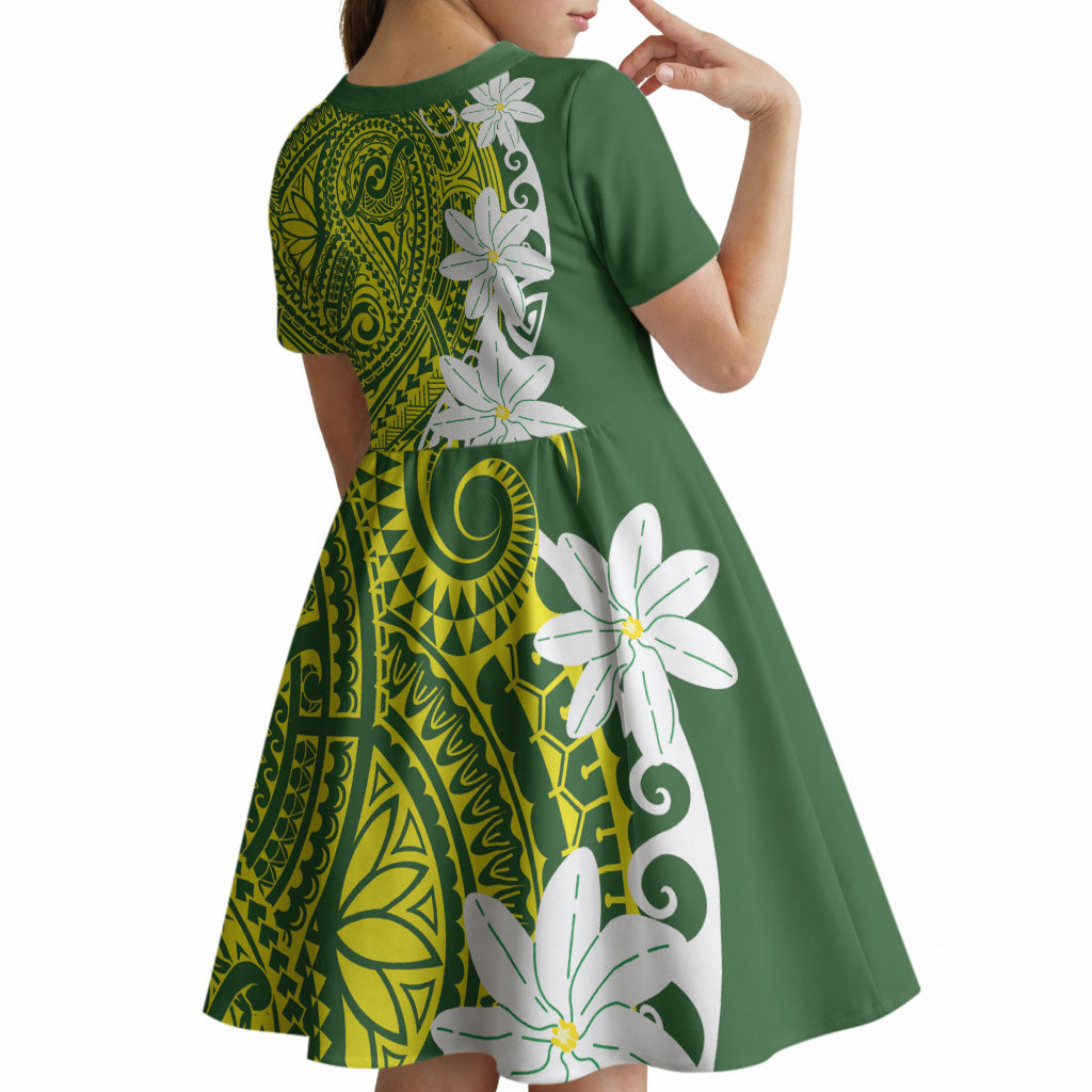 Cook Islands Maori Language Week Kid Short Sleeve Dress Tiare Maori Kuki Airani Green Pattern LT22 - Polynesian Pride