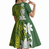 Cook Islands Maori Language Week Kid Short Sleeve Dress Tiare Maori Kuki Airani Green Pattern LT22 - Polynesian Pride