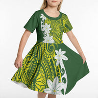 Cook Islands Maori Language Week Kid Short Sleeve Dress Tiare Maori Kuki Airani Green Pattern LT22 - Polynesian Pride
