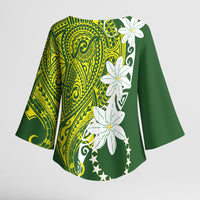 Cook Islands Maori Language Week Kimono Sleeve Blouse Tiare Maori Kuki Airani Green Pattern LT22 - Polynesian Pride