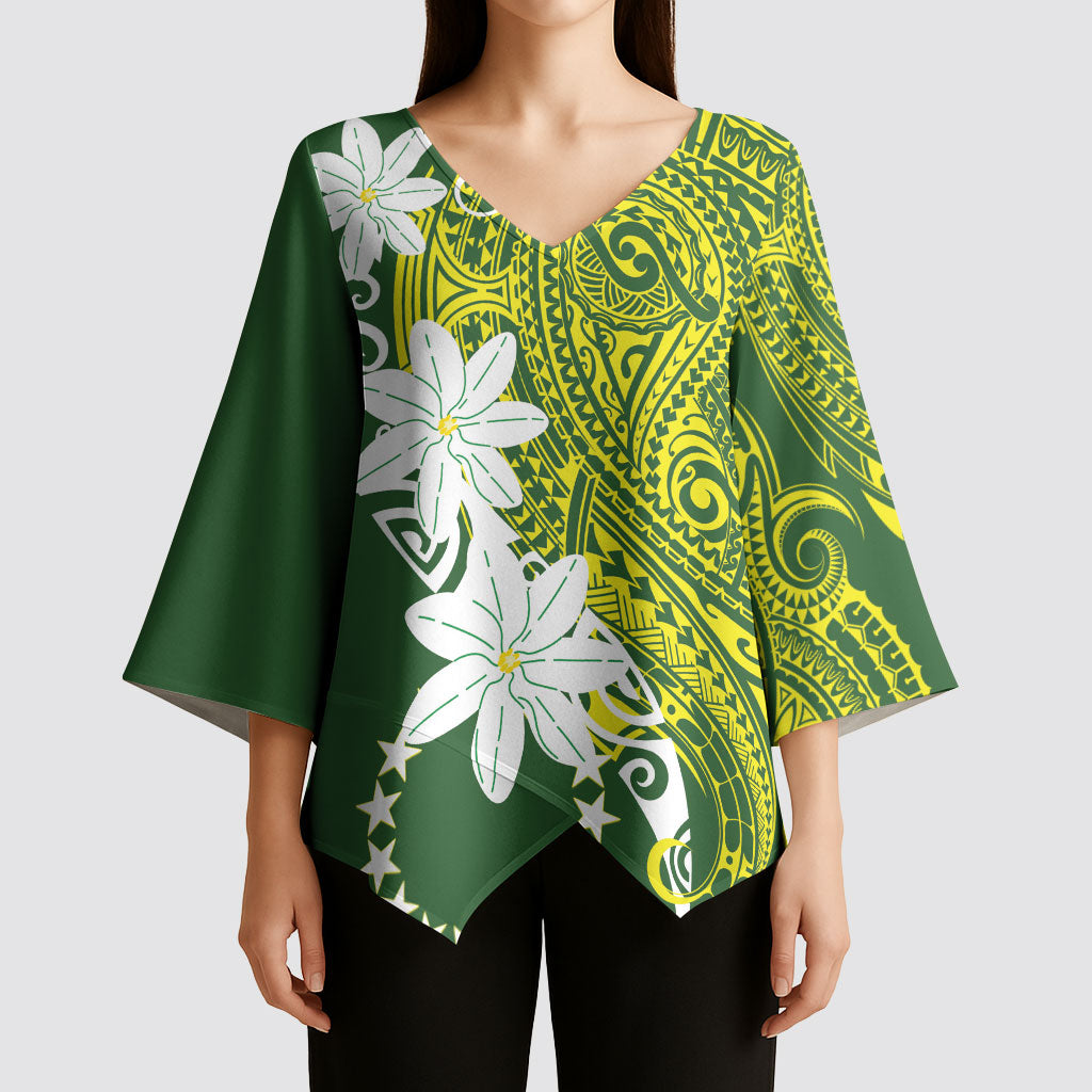 Cook Islands Maori Language Week Kimono Sleeve Blouse Tiare Maori Kuki Airani Green Pattern LT22 - Polynesian Pride