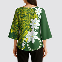 Cook Islands Maori Language Week Kimono Sleeve Blouse Tiare Maori Kuki Airani Green Pattern LT22 - Polynesian Pride