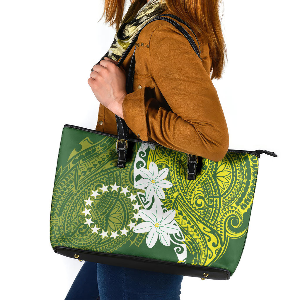 Cook Islands Maori Language Week Leather Tote Bag Tiare Maori Kuki Airani Green Pattern LT22 Green - Polynesian Pride