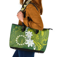 Cook Islands Maori Language Week Leather Tote Bag Tiare Maori Kuki Airani Green Pattern LT22 Green - Polynesian Pride