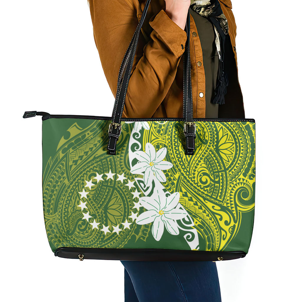 Cook Islands Maori Language Week Leather Tote Bag Tiare Maori Kuki Airani Green Pattern LT22 - Polynesian Pride