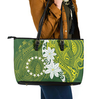 Cook Islands Maori Language Week Leather Tote Bag Tiare Maori Kuki Airani Green Pattern LT22 - Polynesian Pride