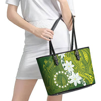 Cook Islands Maori Language Week Leather Tote Bag Tiare Maori Kuki Airani Green Pattern LT22 - Polynesian Pride