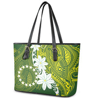 Cook Islands Maori Language Week Leather Tote Bag Tiare Maori Kuki Airani Green Pattern LT22 - Polynesian Pride